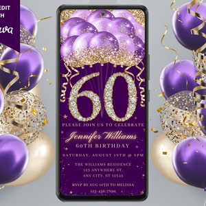 Digital 60th Birthday Party Purple Gold Diamond Glitter Balloon Invitation, Electronic Phone Text Evite, Editable Template, Instant Download