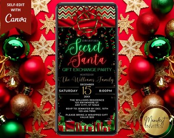 Invito per la festa di Natale con scambio di regali di Babbo Natale segreto digitale, scambio di regali per le feste, fiocco rosso festivo, invito tramite SMS, modello modificabile