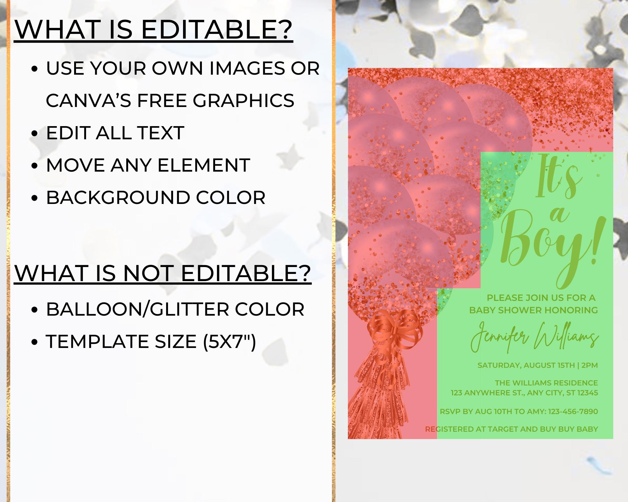 Editable It's a Boy Blue Gold Glitter Balloons Baby Shower Invitation ...