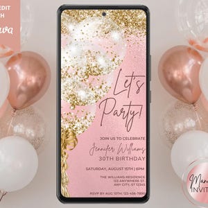 Electronic Let&#39;s Party Pink Gold Glitter Balloons Birthday Invitation, Digital Phone Text Email Evite, Editable Template, Instant Download