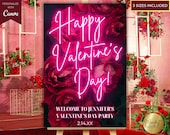 Editable Happy Valentine's Day Party Welcome Sign Template, Pink Neon Red Floral, Couples Party, Printable Entrance Sign, Instant Download