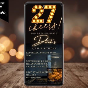 Electronic Men&#39;s 27th Birthday Party Invitation, Digital Phone Text Email Evite, Cheers Whiskey, Editable Template, Instant Download, WM42