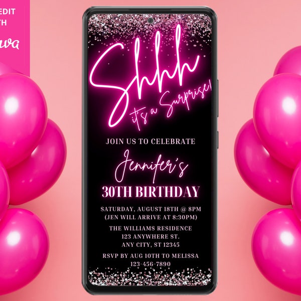 Digital Shhh It's a Surprise Neon Pink Glitter Birthday Party Invitation, Electronic Phone Text Evite, Editable Template, Instant Download