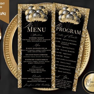 Può includere: Menu e programmi per feste neri e dorati con un design a palloncino. Il menu elenca antipasti, piatti principali, dessert e bevande. Il programma delinea l'ordine degli eventi. Le carte sono decorate con glitter dorati.