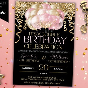 Bearbeitbare gemeinsame Doppel-Geburtstagsfeier-Rosa-Gold-Glitzer-Luftballons, Einladungsvorlage, druckbare Karte und Telefontext Evite, Sofort-Download