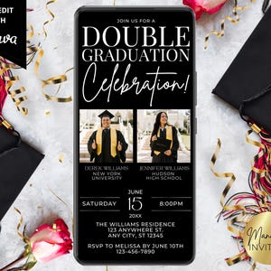 Digital Modern Double Graduation Party Photo Template Invitation, Text Evite, Graduation Announcement, Editable Template, Instant Download