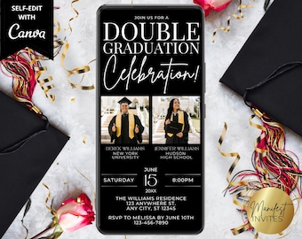Digital Modern Double Graduation Party Photo Template Invitation, Text Evite, Graduation Announcement, Editable Template, Instant Download