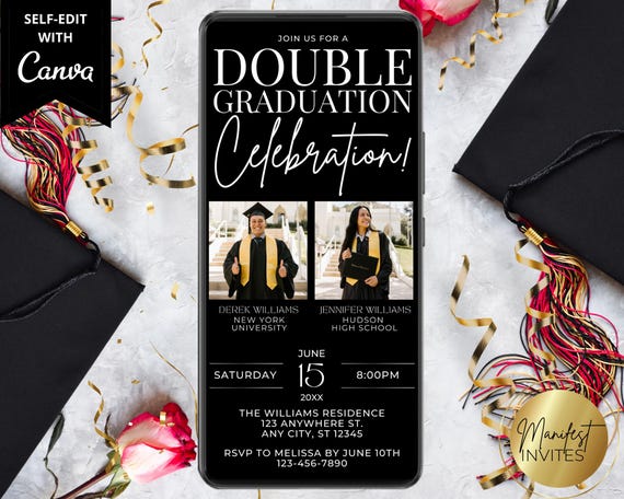 Digital Modern Double Graduation Party Photo Template Invitation, Text  Evite, Graduation Announcement, Editable Template, Instant Download - Etsy