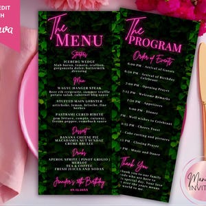 May include: A pink and green menu and program card set for a birthday celebration. The menu lists starters, main courses, desserts, and drinks. The program outlines the order of events, including arrival of guests, dinner, and music.