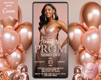 Digital Prom Send Off Photo Template Rose Gold Diamonds Glam Invitation, Grad Party, Phone Text Evite, Editable Template, Instant Download
