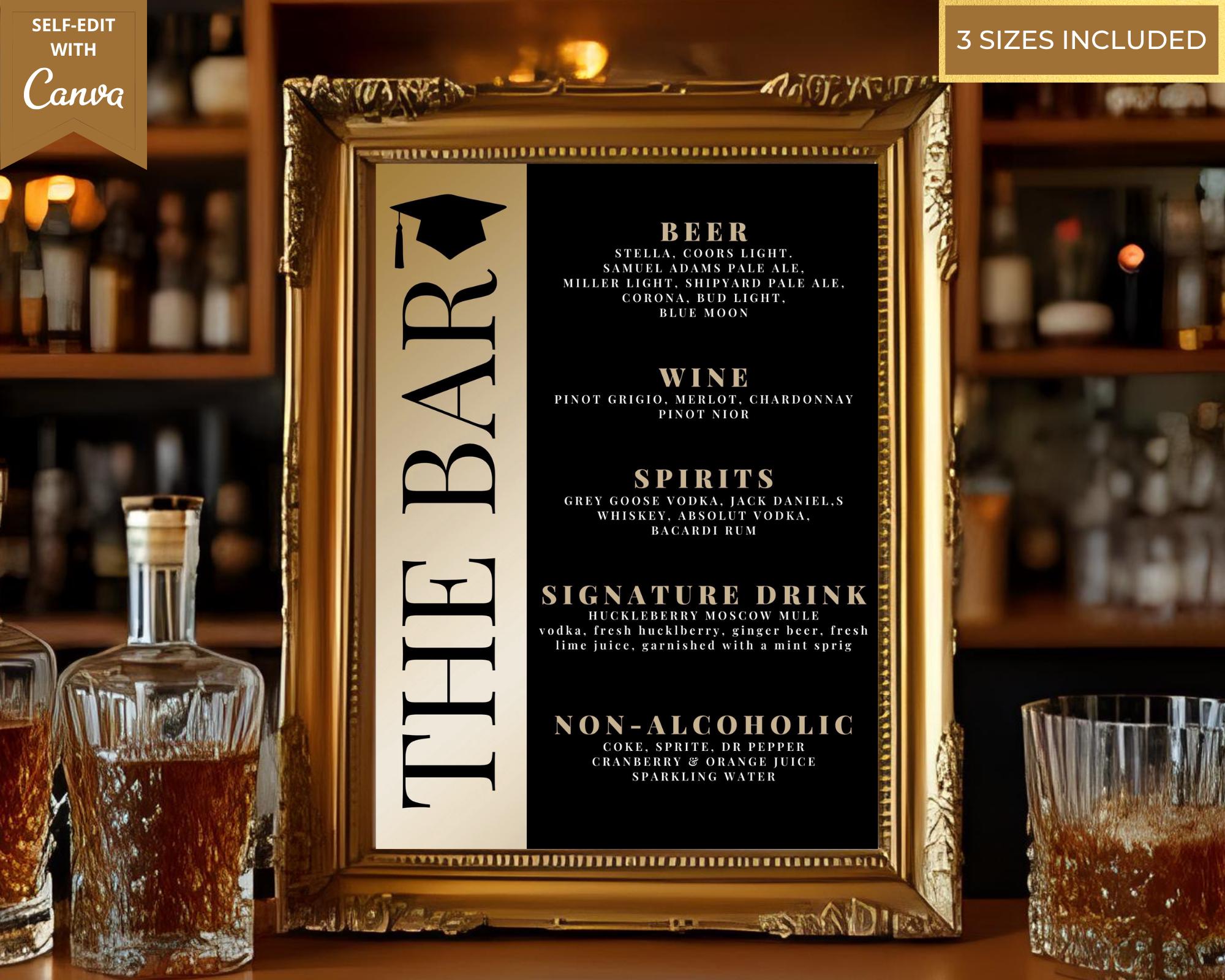 Graduation Bar Menu. Example Editable Modern Black Gold Graduation Party Bar Menu, Printable Event ...