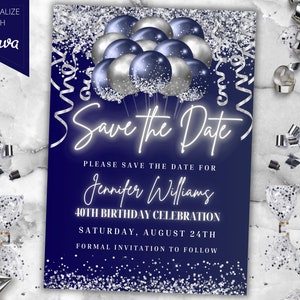 Bewerkbare marineblauwe zilveren glitterballonnen: sjabloon voor uitnodiging voor feestje, afdrukbare kaart en telefoontekst Evite, direct downloaden, Instant Download