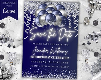 Editable Navy Blue Silver Glitter Balloons Save the Date Party Invitation Template, Printable Card and Phone Text Evite, Instant Download