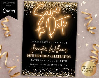 編集可能なモダンなブラックゴールドネオングリッターのSave the Date招待状テンプレート、印刷可能な誕生日卒業式招待状、Canva、すぐにダウンロード