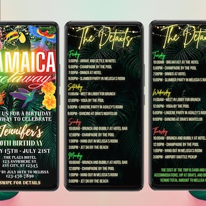 Electronic Tropical Jamaica Getaway Birthday Trip Itinerary Invitation, 7 Day Trip, Digital Schedule, Editable Template, Instant Download