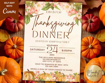 Editable Rustic Floral Pumpkins Thanksgiving Dinner Party Invitation, Family Fall Gathering, Printable Canva Template, Instant Download