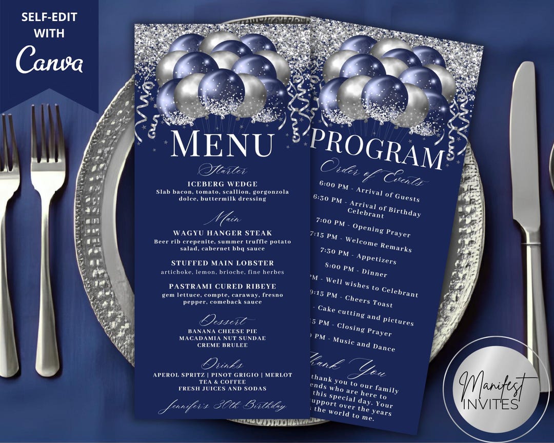 Editable Elegant Navy Blue Silver Glitter Balloons Menu Program and ...