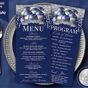May include: Navy blue menu and program cards with silver and blue balloon graphics. The menu lists starters, main courses, desserts, and drinks. The program outlines the order of events. The text "Self-Edit with Canva" is in the upper left corner.