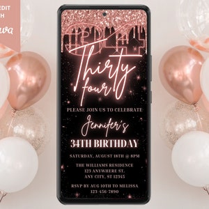 Digital Rose Gold 34th Birthday Party Invitation, Electronic Phone Text Email Evite, Neon Glitter Drip, Editable Template, Instant Download