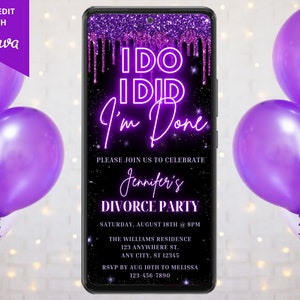 Electronic Divorce Party Invitation, Digital Phone Text Evite, I Do I Did I'm Done, Purple Glitter Drip, Editable Template, Instant Download