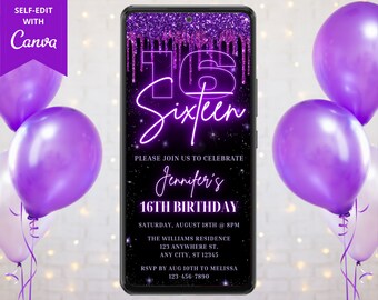 Digital Sixteen 16th Birthday Party Invite, Electronic Phone Text Email Evite, Neon Purple Glitter Drip, Editable Template, Instant Download