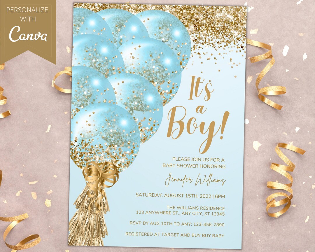 Editable Blue Gold Glitter Balloons Boy Baby Shower Invitation, It's a ...