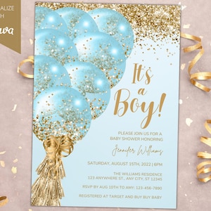 Editable Blue Gold Glitter Balloons Boy Baby Shower Invitation, It's a ...