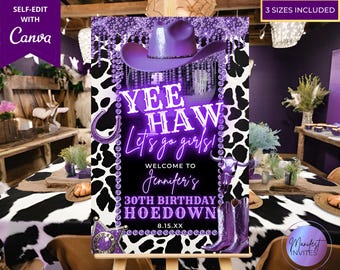 Letrero de bienvenida para fiesta de cumpleaños de vaquera con diseño de discoteca morado editable, decoración de fiesta de cumpleaños con glamour occidental, plantilla de Canva editable, descarga instantánea