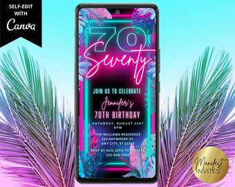 Invito per la festa del 70° compleanno di Digital Tropical Seventy, invito elettronico per messaggio di testo telefonico, rosa verde acqua neon, modello di download immediato PTT2