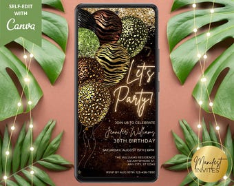 Digital Let's Party Tropical Safari Balloons Birthday Party Invitation, Electronic Phone Text, Evite, Editable Template, Instant Download