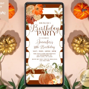 Digital Fall Themed Birthday Party Invitation, Autumn Pumpkin Birthday Invite, Electronic Phone Evite, Editable Template, Instant Download