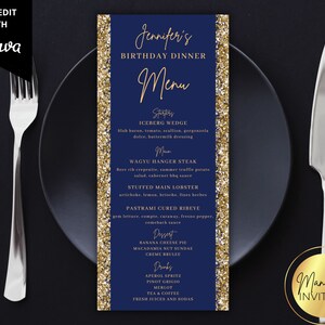 Bewerkbare blauwgouden glitter dinermenu verjaardagskaart, afdrukbare etentje en drankje menukaart, bewerkbare sjabloon, Instant Download