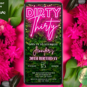 Digital Dirty Thirty 30th Birthday Party Invitation, Pink Neon Greenery, For Her, Phone Evite, Editable Canva Template, Instant Download