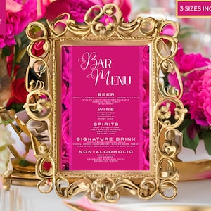 Plantilla editable de menú de bar con rosas florales en rosa intenso, temática en tonos rosa, letrero imprimible para mesa de bar con cócteles y bebidas especiales, descarga instantánea