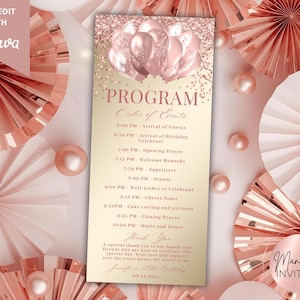 Pode incluir: Um programa de eventos em ouro rosa com um gráfico de balões no topo. O programa lista a ordem dos eventos, incluindo a chegada dos convidados, o jantar e a música. O programa é cercado por leques de papel e elementos decorativos em ouro rosa.