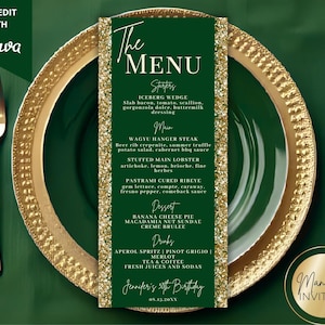 May include: A green menu card with gold glitter trim, listing dishes for a meal. The menu is placed on a gold-edged plate with gold cutlery. The text reads "The Menu" and includes starters, main courses, desserts, and drinks.