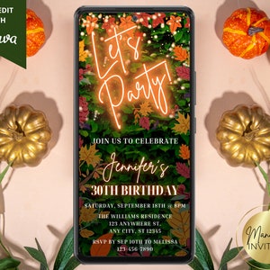Digital Fall Themed Let&#39;s Party Birthday Invitation, Autumn Birthday Party, Electronic Phone Evite, Editable Template, Instant Download