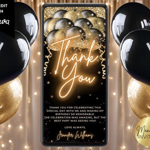 Convite de agradecimento com balões elegantes em preto e dourado neon, aniversário e formatura, modelo editável, texto para evitar, download instantâneo