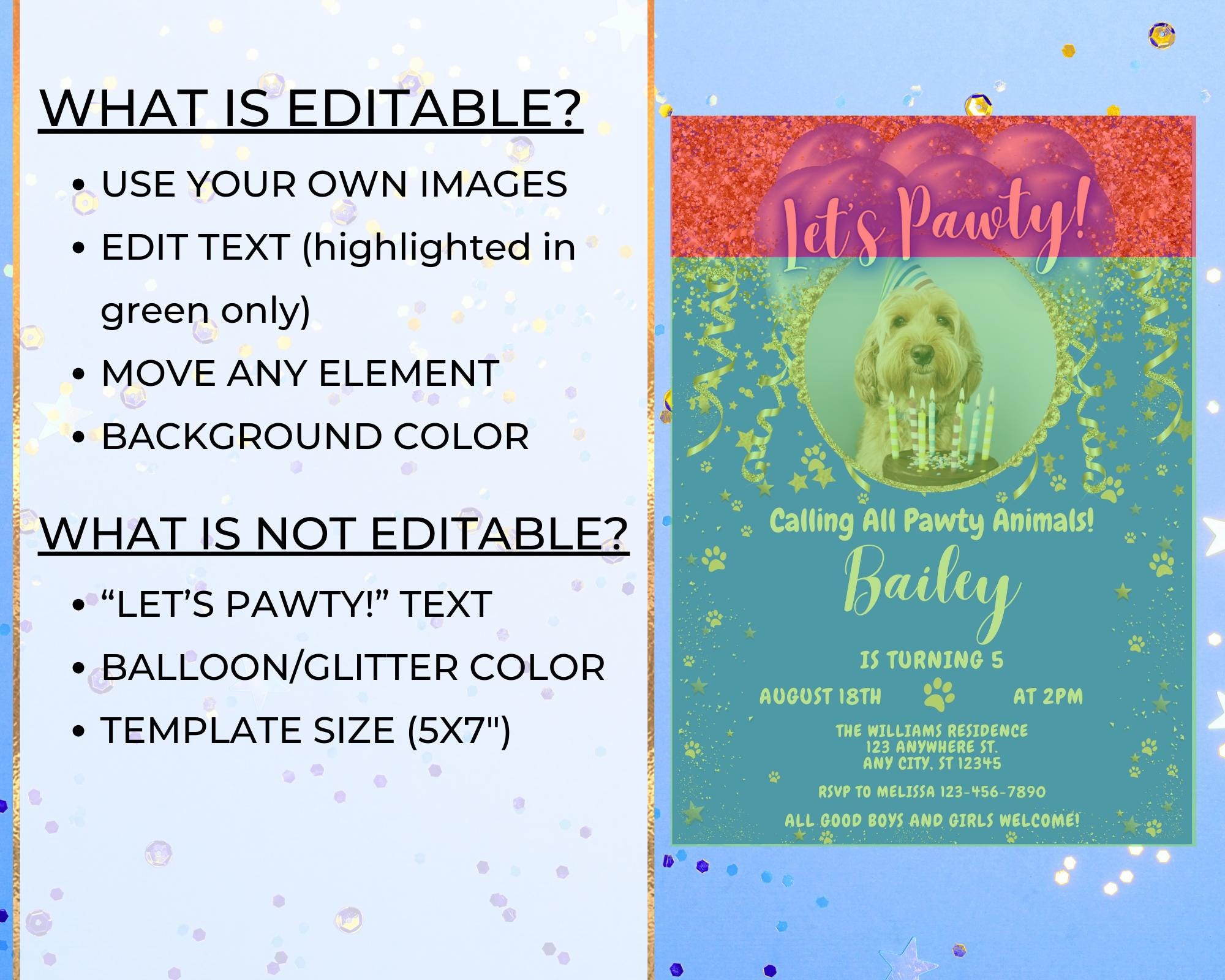 Editable Let's Pawty Boy Dog Birthday Party Glam Photo Invitation, Blue ...
