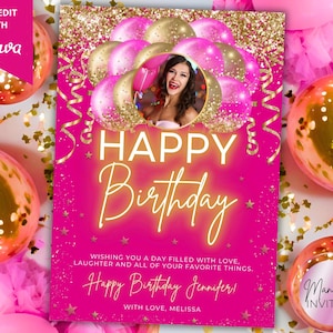 Cartão de feliz aniversário editável com foto de mulheres glamorosas, balões de glitter rosa dourado, cartão para impressão, modelo do Canva, download instantâneo
