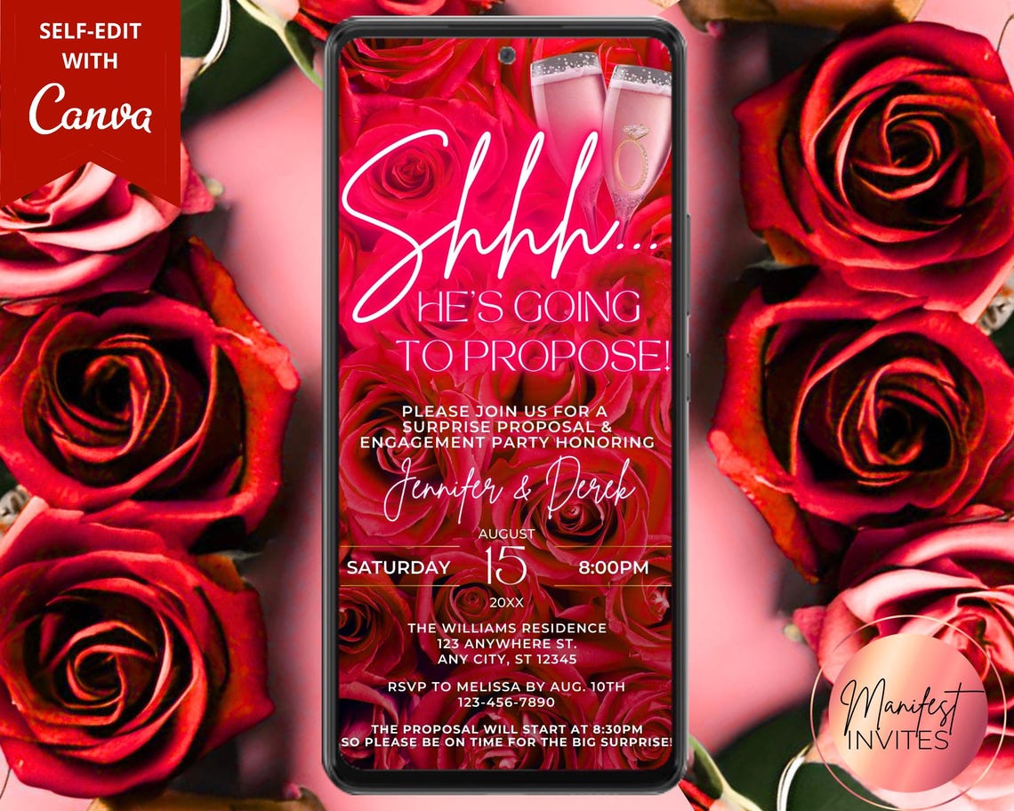 Ufa Proposal Roses Digital Surprise Proposal Engagement Party Invitation, Shhh He's Going ...