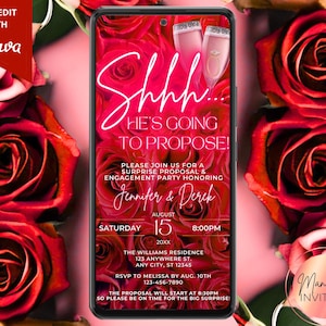 Puede incluir: Una invitación digital en la pantalla de un smartphone, con un fondo de rosas rojas. El texto de la invitación dice "¡Shhh... ¡Se va a proponer!" con detalles para una propuesta sorpresa y una fiesta de compromiso. El diseño incluye copas de champán y los nombres Jennifer & Derek.