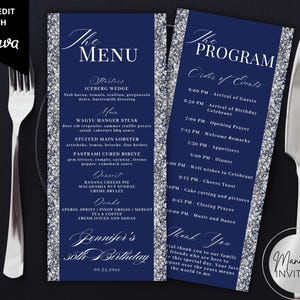 Bearbeitbares elegantes blau silbernes Glitzer Geburtstagsmenü und Programmkartenvorlage, Reihenfolge der Ereignisse, Dankeskarte, druckbar, sofortiger Download