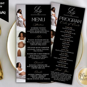 May include: Black and white baby shower menu and program cards with gold accents. The menu lists starters, main courses, desserts, and drinks. The program outlines the order of events. The cards are on a white plate with gold cutlery.