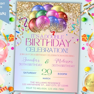 Modèle d'invitation de ballon à paillettes dorées arc-en-ciel, double anniversaire, édition mixte, carte imprimable et texte de téléphone Evite, téléchargement immédiat
