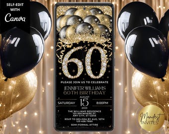 Digitale Glam Einladung zum 60. Geburtstag, elegante Diamant-Schwarz-Gold-Glitzer-Ballons, Telefontext Evite, bearbeitbare Canva-Vorlage, DBG4