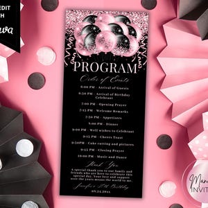 May include: A black event program with pink and black balloon graphics and the text "PROGRAM". The program includes an order of events, with times and descriptions. The background is pink with decorative paper fans.