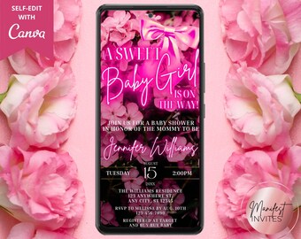 Digital A Sweet Baby Girl Is On The Way Neon Pink Floral Baby Shower Invitation, Phone Text Evite, Editable Template, Instant Download, PF01