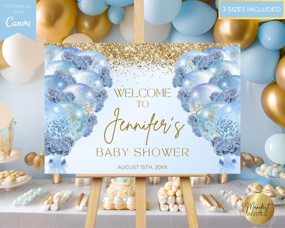 Editable Blue Gold Floral Balloons Boy Baby Shower Glam Welcome Sign ...