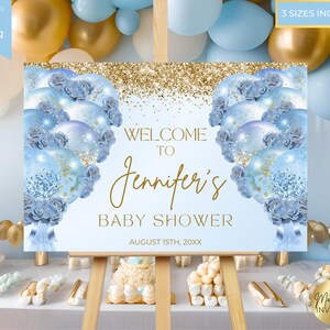 Editable Blue Gold Floral Balloons Boy Baby Shower Glam Welcome Sign Template, Printable Baby Shower Decor, Welcome Poster, Instant Download